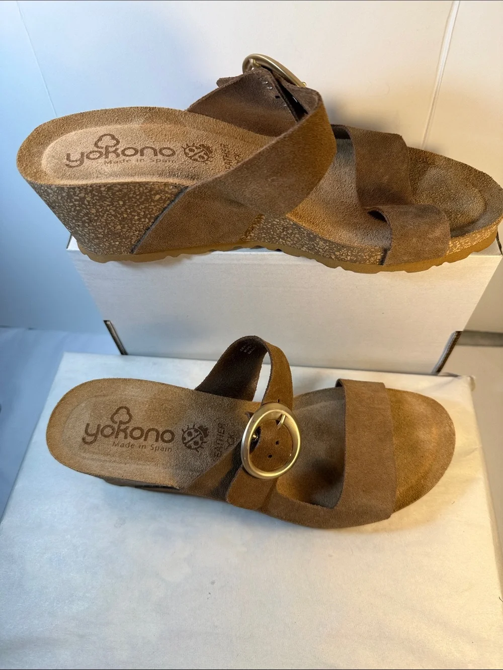 Jokono Brown Suede Wedge Sandals with Buckle